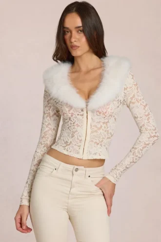 Solaya Lace Faux-Fur-Trim Cardigan in Ivory
