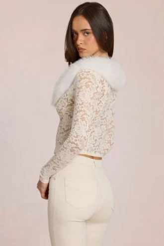Solaya Lace Faux-Fur-Trim Cardigan in Ivory