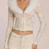 Solaya Lace Faux-Fur-Trim Cardigan in Ivory