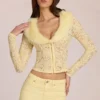Solaya Lace Faux-Fur-Trim Cardigan in Lemon Yellow