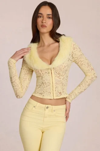 Solaya Lace Faux-Fur-Trim Cardigan in Lemon Yellow