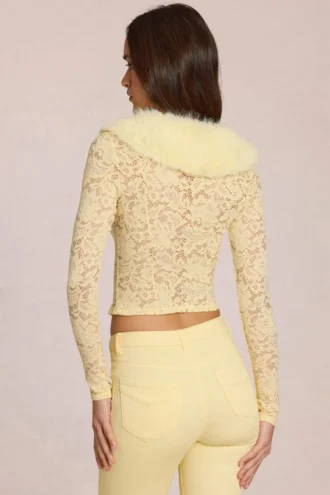 Solaya Lace Faux-Fur-Trim Cardigan in Lemon Yellow