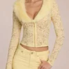 Solaya Lace Faux-Fur-Trim Cardigan in Lemon Yellow