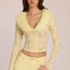 Solaya Lace Faux-Fur-Trim Cardigan in Lemon Yellow