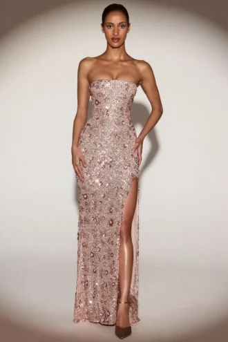 Solenna Embellished Bandeau-Neck Strapless Gown in Rose Gold