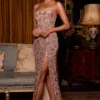 Solenna Embellished Bandeau-Neck Strapless Gown in Rose Gold