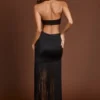 Solferina Fringed Plunge-Neck Maxi Dress in Black