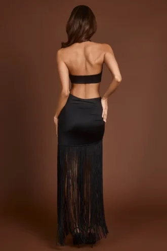 Solferina Fringed Plunge-Neck Maxi Dress in Black