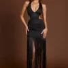Solferina Fringed Plunge-Neck Maxi Dress in Black