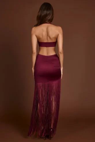 Solferina Fringed Plunge-Neck Maxi Dress in Wine Red