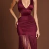 Solferina Fringed Plunge-Neck Maxi Dress in Wine Red