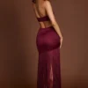 Solferina Fringed Plunge-Neck Maxi Dress in Wine Red