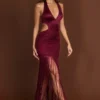 Solferina Fringed Plunge-Neck Maxi Dress in Wine Red