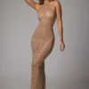 Soraya Sheer Embellished High Neck Evening Gown in Almond