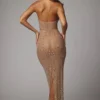 Soraya Sheer Embellished High Neck Evening Gown in Almond