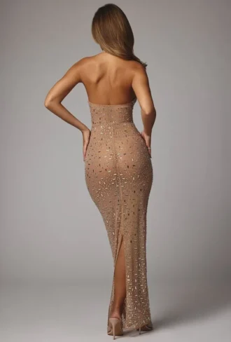 Soraya Sheer Embellished High Neck Evening Gown in Almond