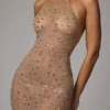 Soraya Sheer Embellished High Neck Evening Gown in Almond