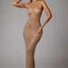 Soraya Sheer Embellished High Neck Evening Gown in Almond
