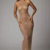 Soraya Sheer Embellished High Neck Evening Gown in Almond