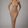Soraya Sheer Embellished High Neck Evening Gown in Almond
