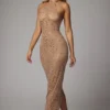 Soraya Sheer Embellished High Neck Evening Gown in Almond