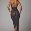 Soraya Sheer Embellished High Neck Evening Gown in Navy