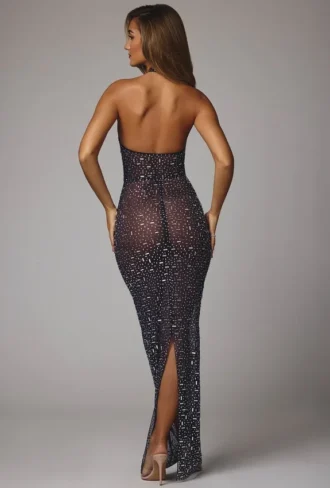 Soraya Sheer Embellished High Neck Evening Gown in Navy