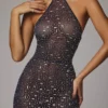 Soraya Sheer Embellished High Neck Evening Gown in Navy