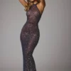 Soraya Sheer Embellished High Neck Evening Gown in Navy
