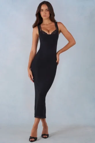 Sorelle Modal Lace-Trim Midaxi Dress in Black