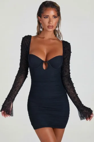 St Germain Embellished Long Sleeve Mini Dress in Black
