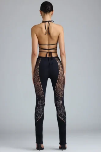 Stevie Embellished Mid-Rise Flared Trousers in Black