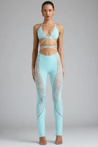 Stevie Embellished Mid-Rise Flared Trousers in Ice Blue