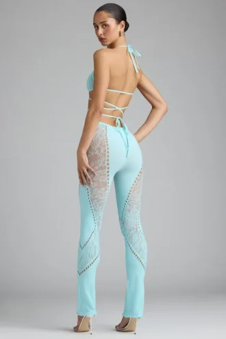 Stevie Embellished Mid-Rise Flared Trousers in Ice Blue