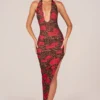 Storie Halterneck Split Hem Midaxi Dress in Rose Leopard Print