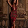 Storie Halterneck Split Hem Midaxi Dress in Rose Leopard Print