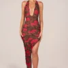 Storie Halterneck Split Hem Midaxi Dress in Rose Leopard Print