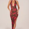 Storie Halterneck Split Hem Midaxi Dress in Rose Leopard Print