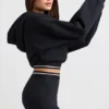 Stretch Cotton Fleece Cropped Hoodie in Black
