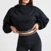 Stretch Cotton Fleece Cropped Hoodie in Black