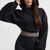 Stretch Cotton Fleece Cropped Hoodie in Black