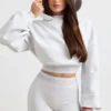 Stretch Cotton Fleece Cropped Hoodie in Grey Marl