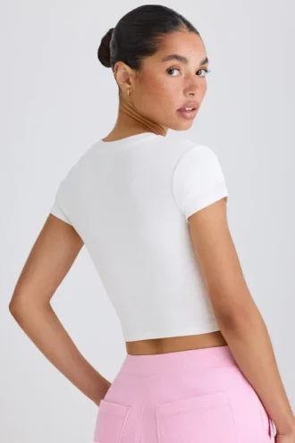 Stretch Cotton Jersey Graphic Print Cropped T-Shirt in White