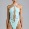 summer Lace-Up Halterneck Bodysuit in Ice Blue