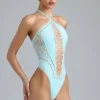 summer Lace-Up Halterneck Bodysuit in Ice Blue