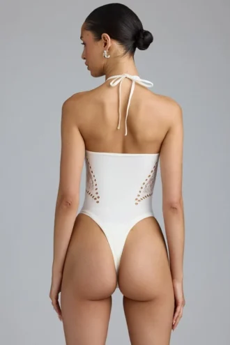 summer Lace-Up Halterneck Bodysuit in Ivory