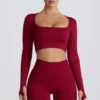 Super Sculpt Seamless Long-Sleeve Crop Top in Burgundy