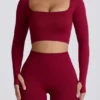 Super Sculpt Seamless Long-Sleeve Crop Top in Burgundy