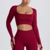 Super Sculpt Seamless Long-Sleeve Crop Top in Burgundy