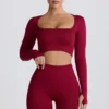 Super Sculpt Seamless Long-Sleeve Crop Top in Burgundy